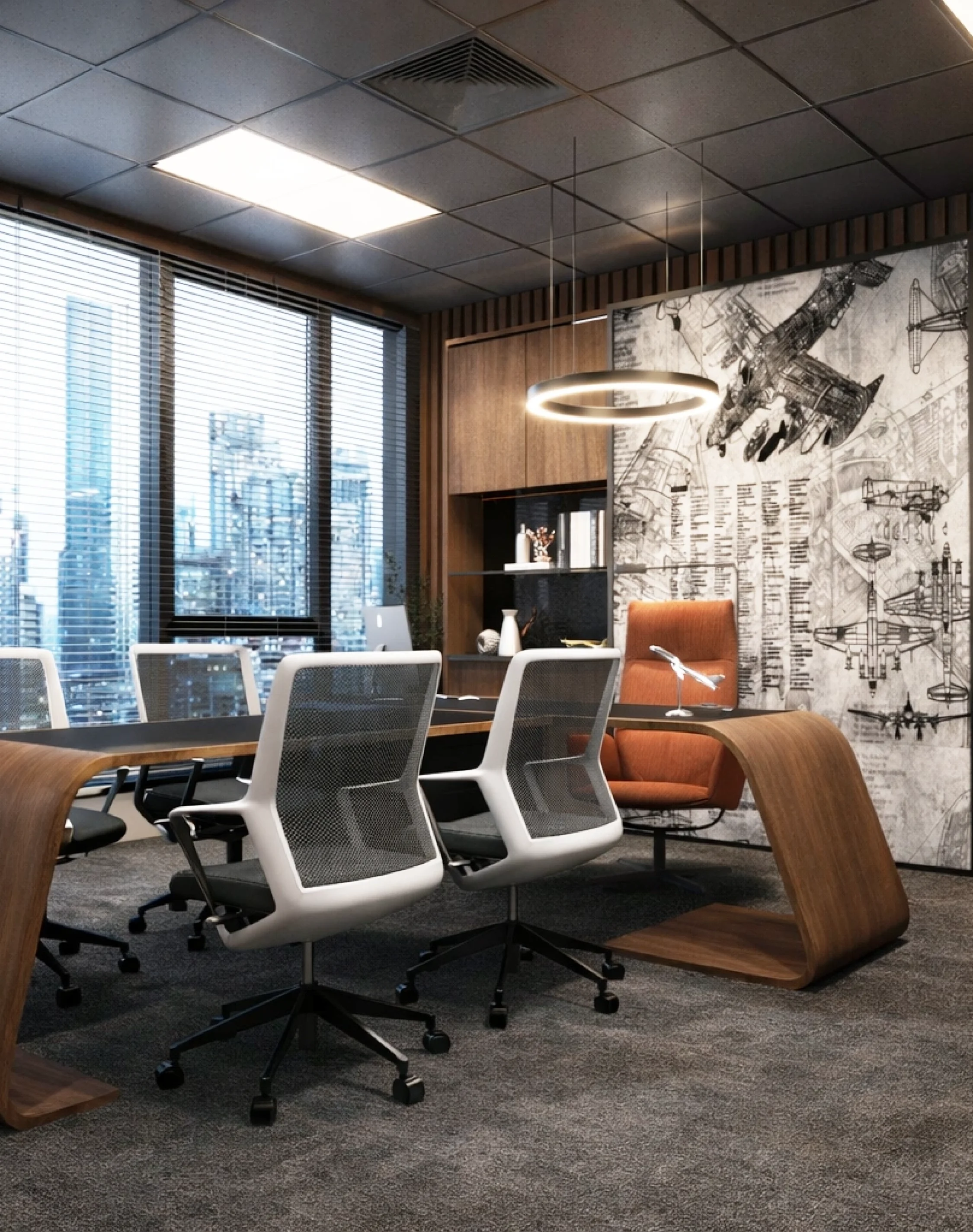 Modern executive office meeting room with premium furniture, wood textures, city views, and contemporary commercial interior design.