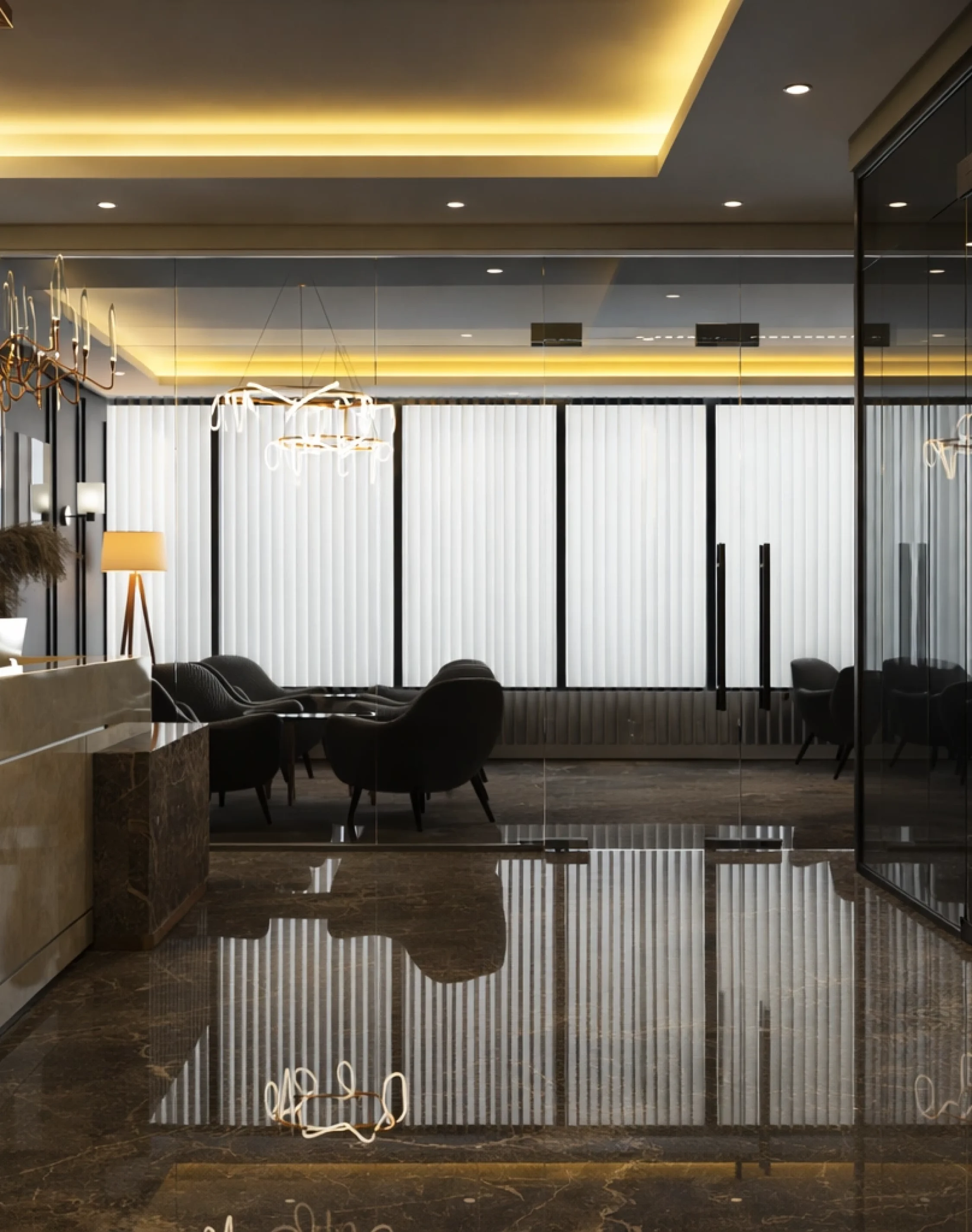 Modern office reception area with marble desk, glass partitions, ambient lighting, and sophisticated commercial interior design.