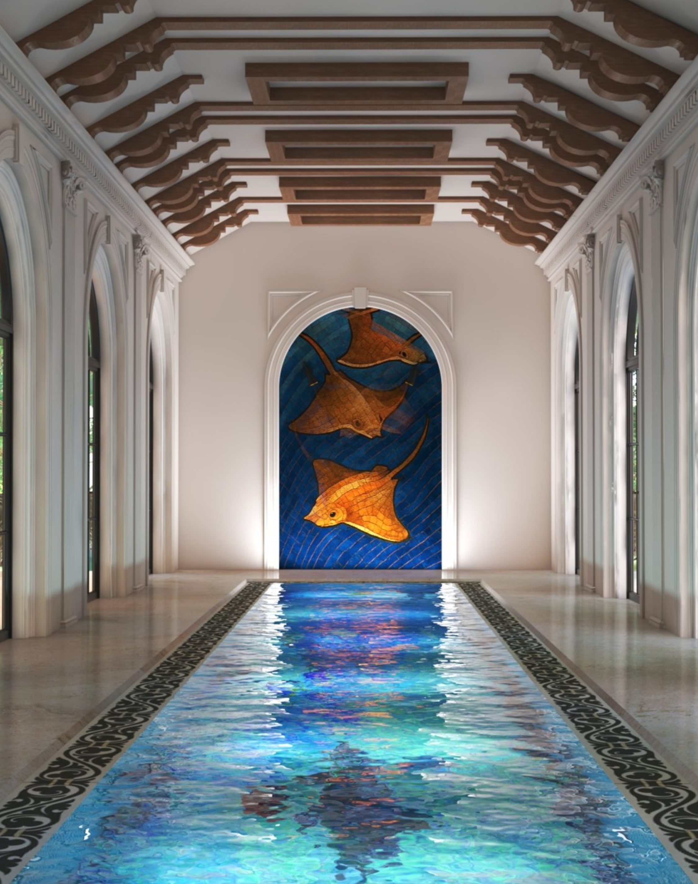 Luxury residential swimming pool with modern outdoor landscaping and ambient lighting