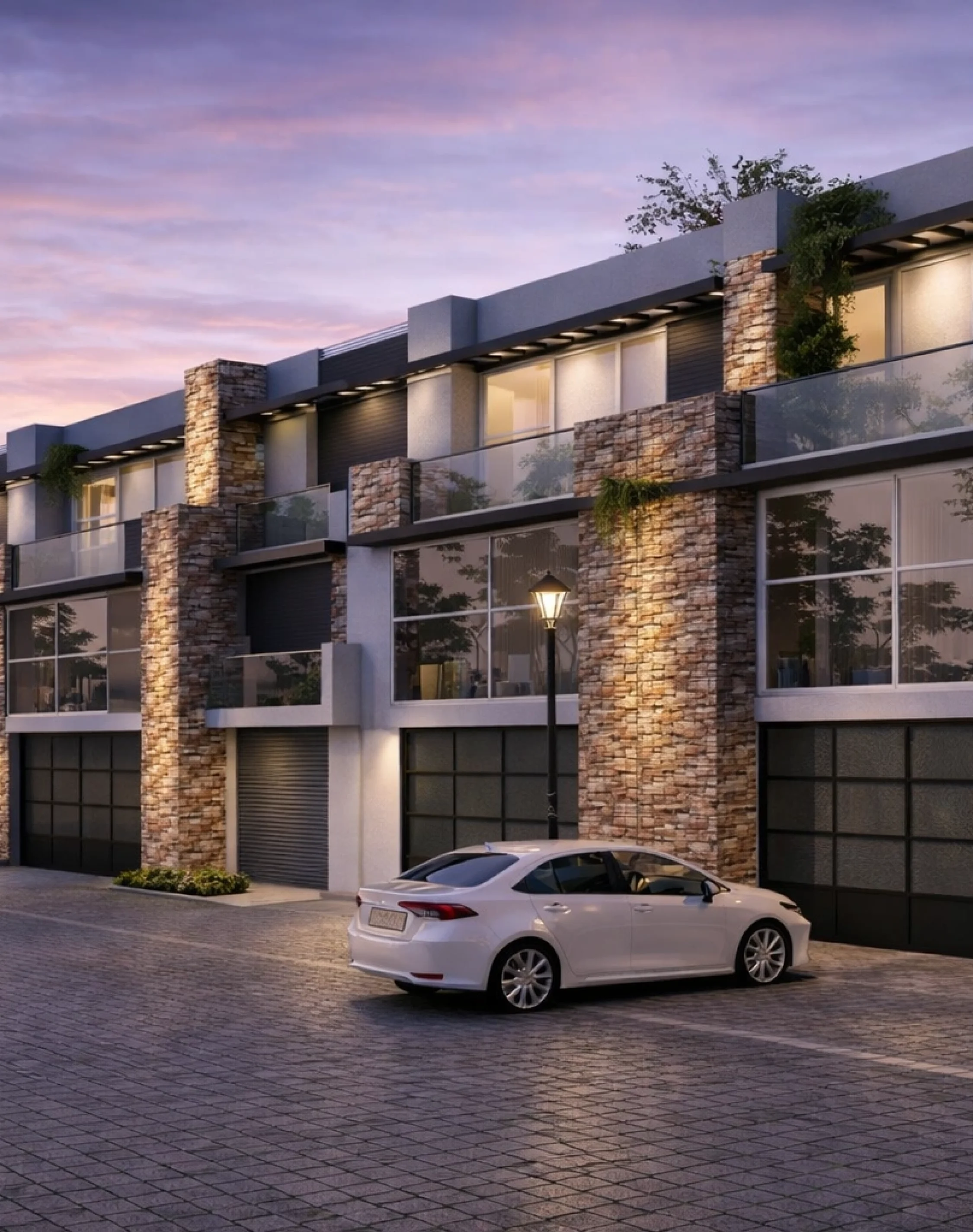 Luxury row house exterior featuring modern stone finishes, glass balconies, and elegant evening lighting in Australia
