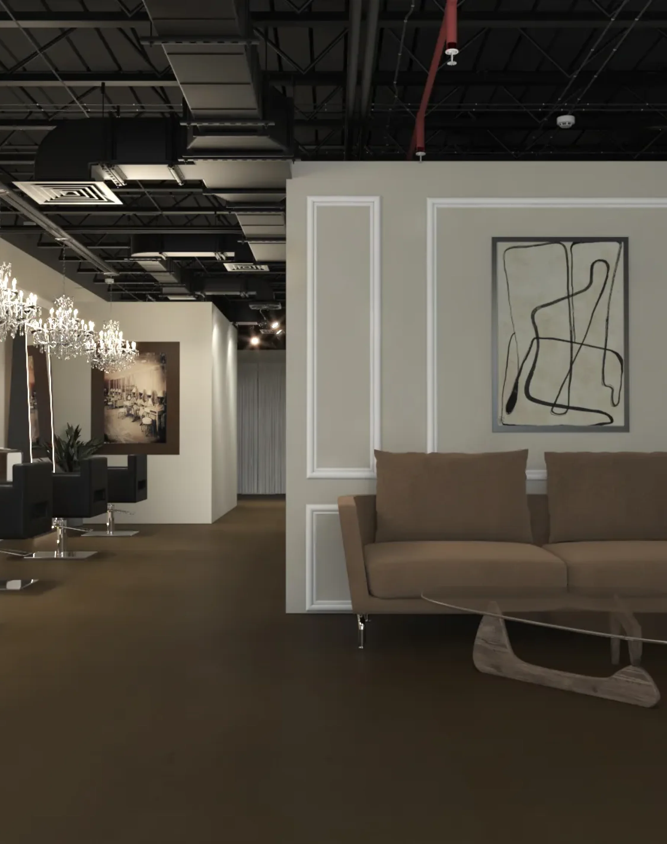 Elegant salon interior with illuminated styling stations and contemporary seating area.