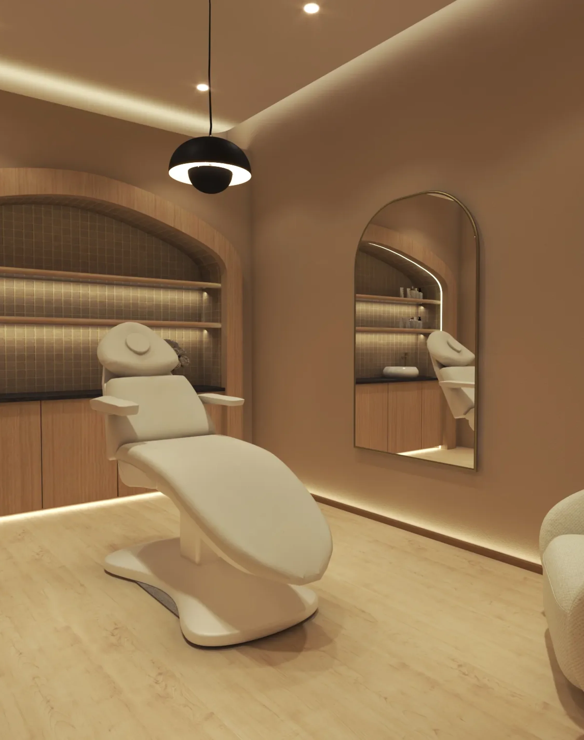 Elegant spa treatment room with reclining chair, wooden accents, and ambient lighting.