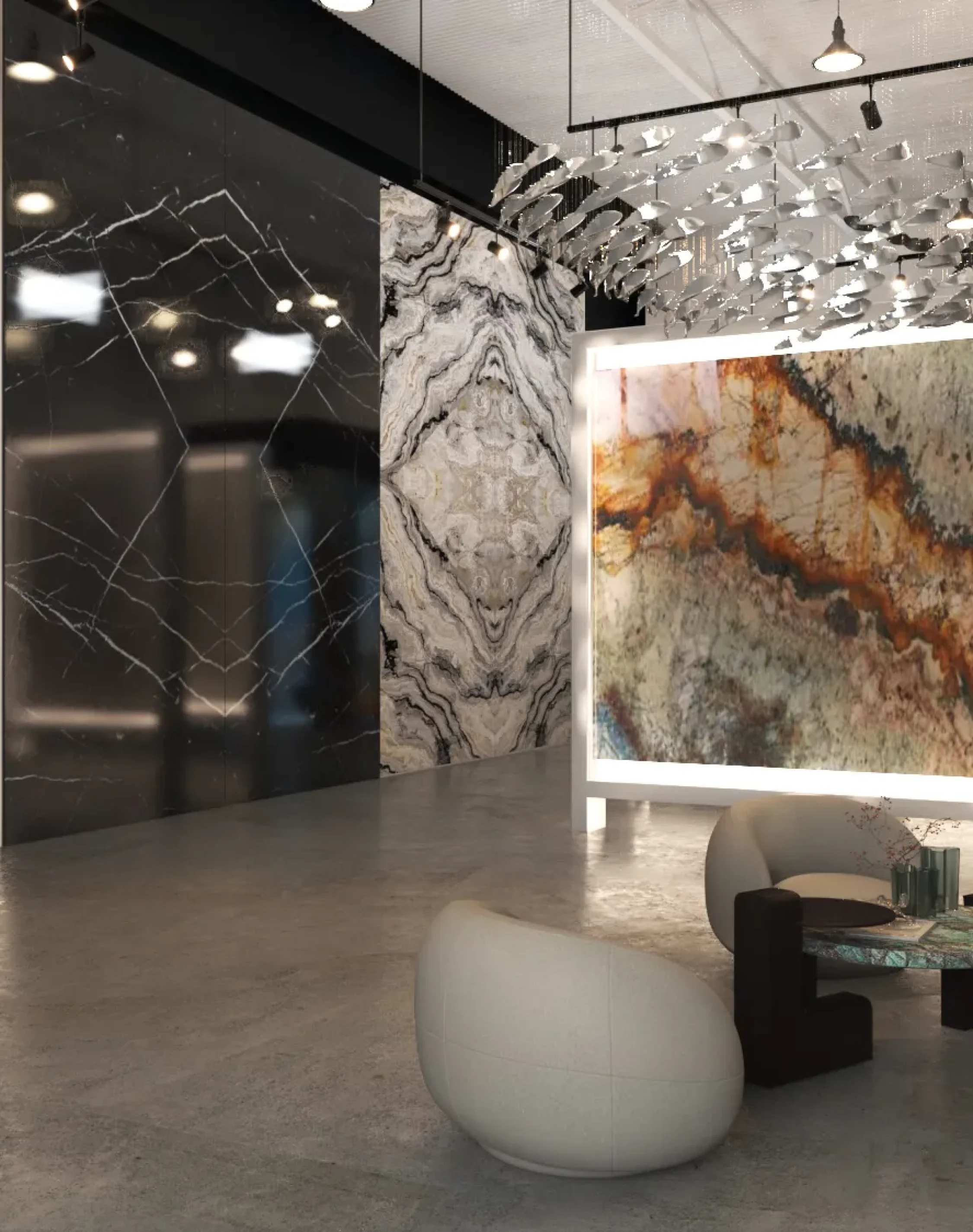 Contemporary showroom corridor featuring illuminated luxury stone and marble surface installations.