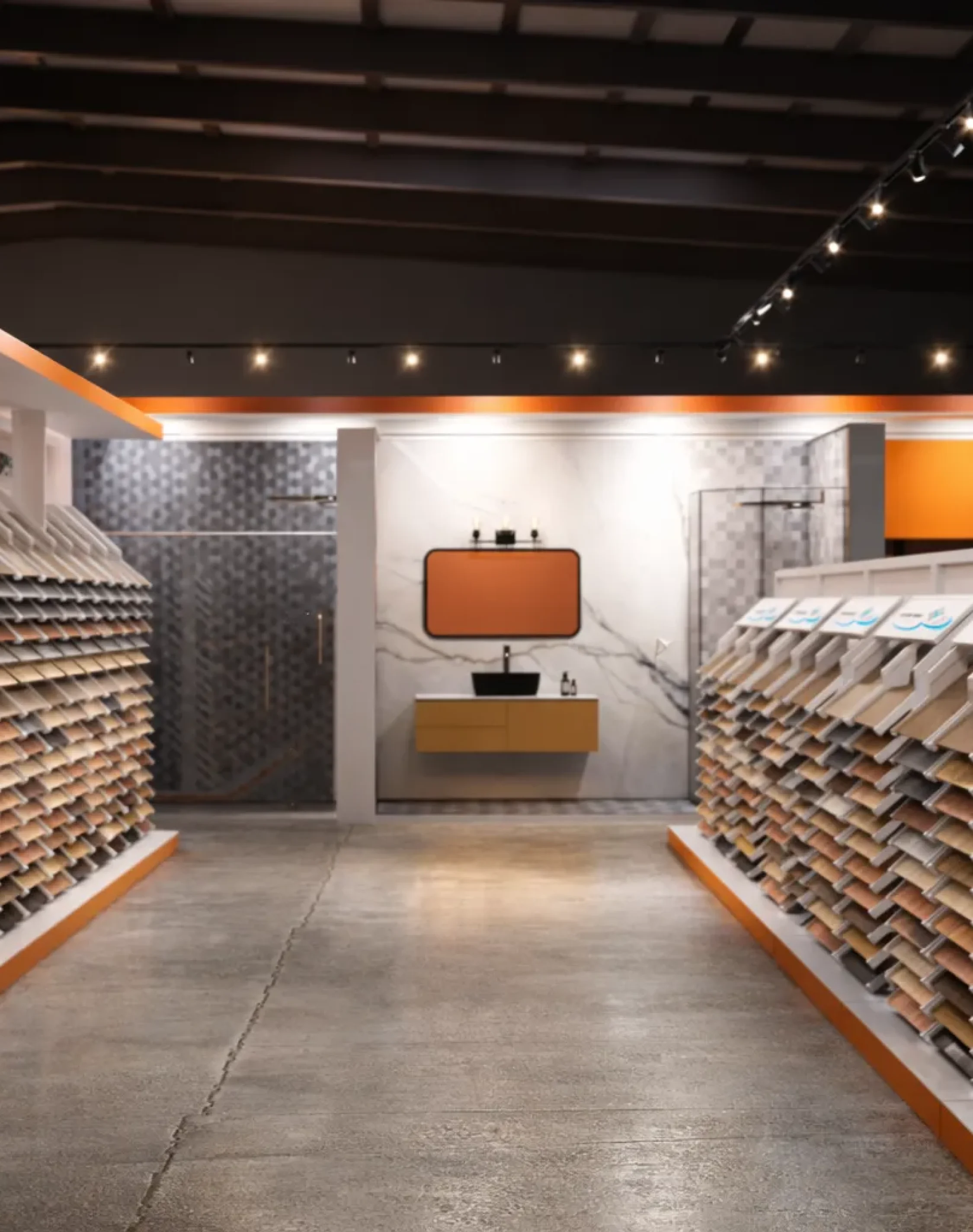 Modern luxury tile showroom interior design services with organized tile sample display racks and ambient lighting