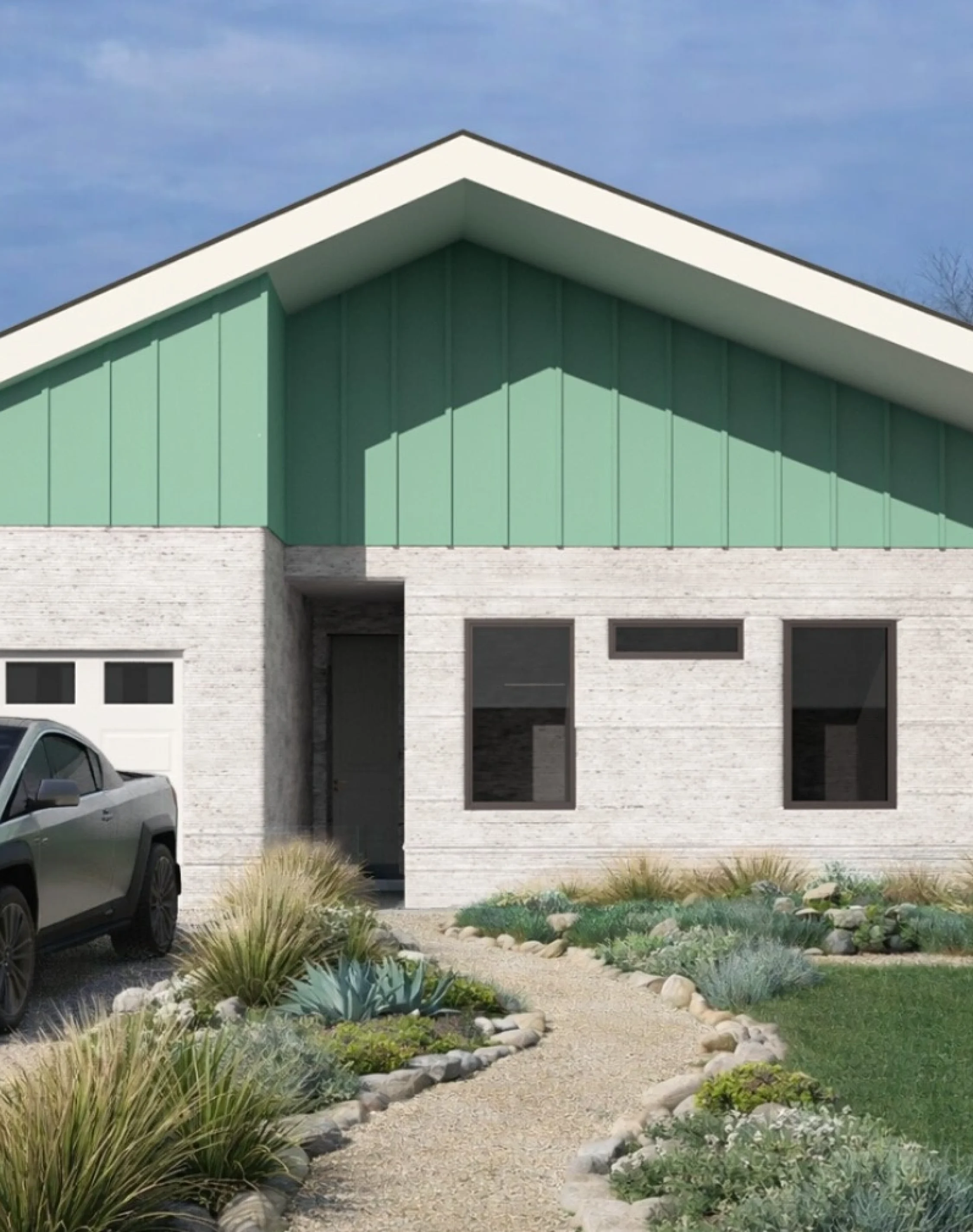 Minimalist coastal home exterior with angled roofline, desert landscaping, and contemporary architecture Huston, TX
