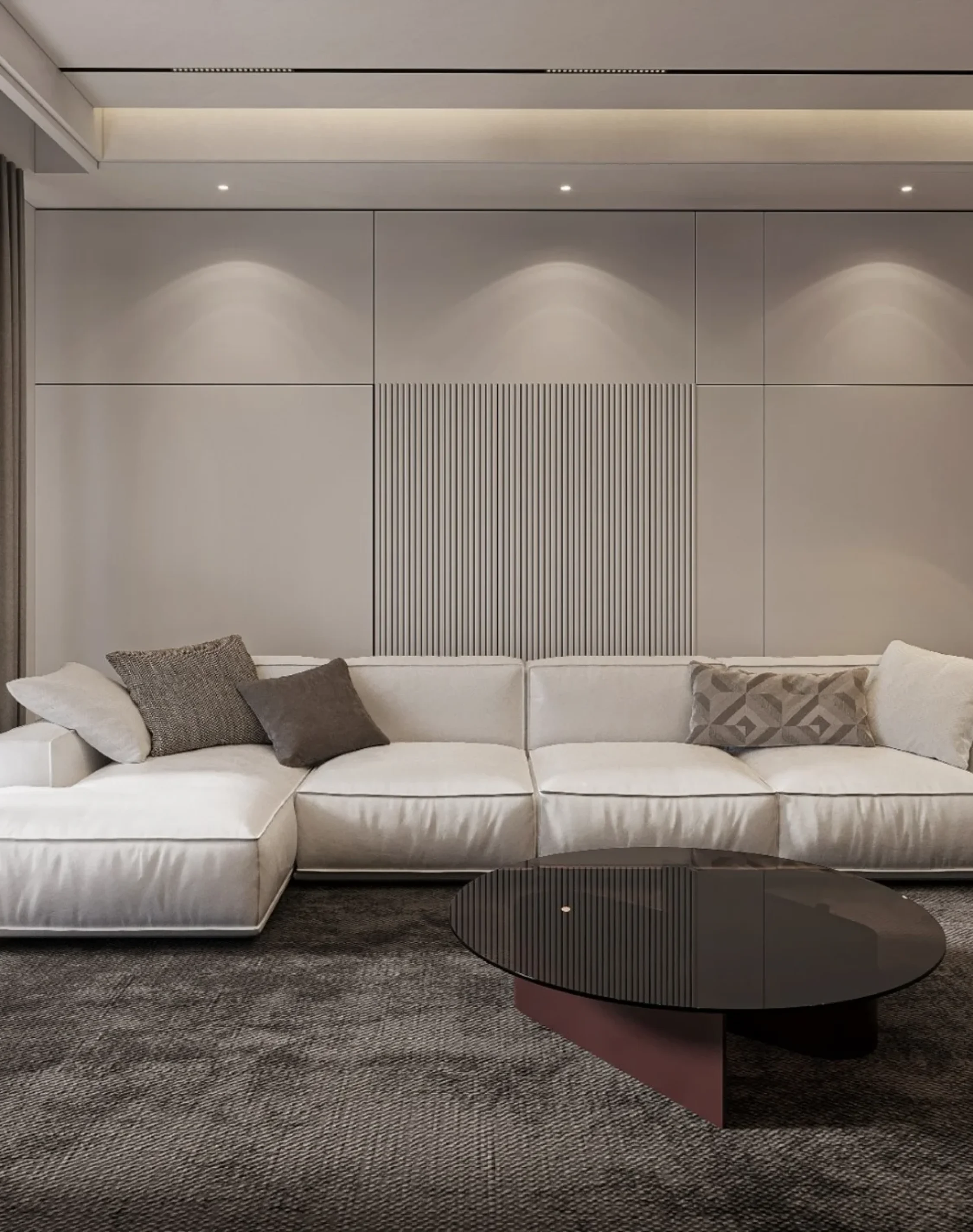 Minimalist luxury living room with sectional sofa and modern wall panels