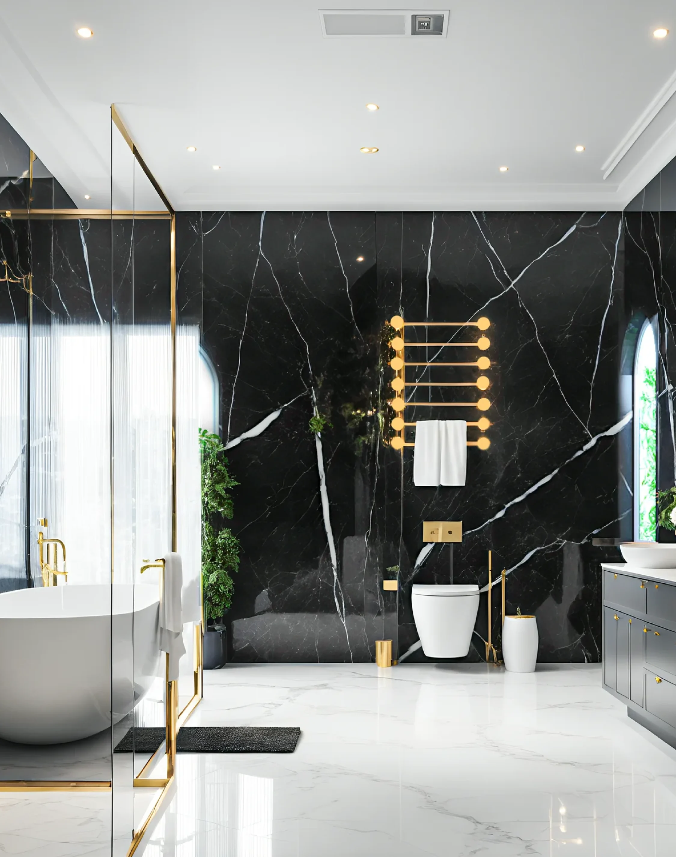 Modern black and gold bathroom interior with premium marble finishes and elegant vanity lighting.