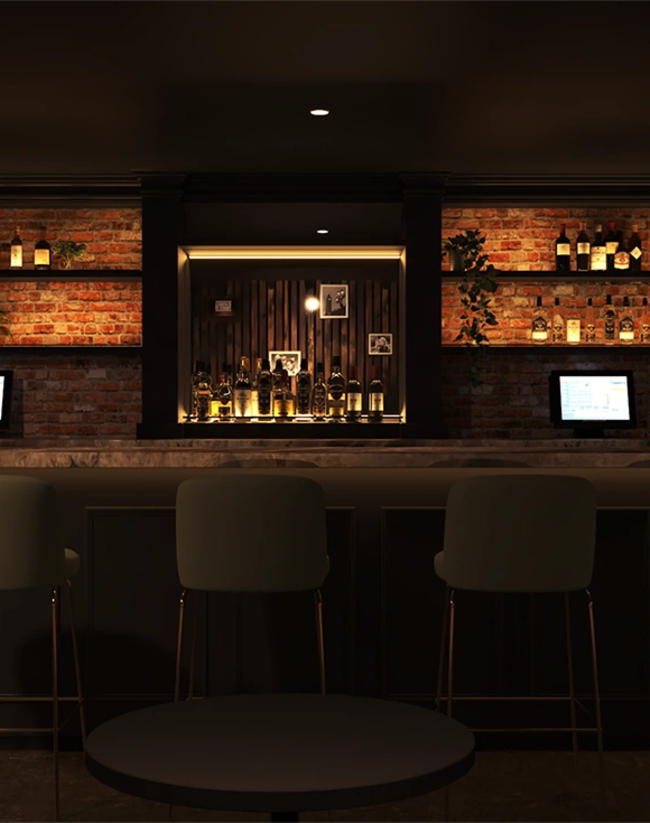 modern club and bar interior design with lighting and seating area.
