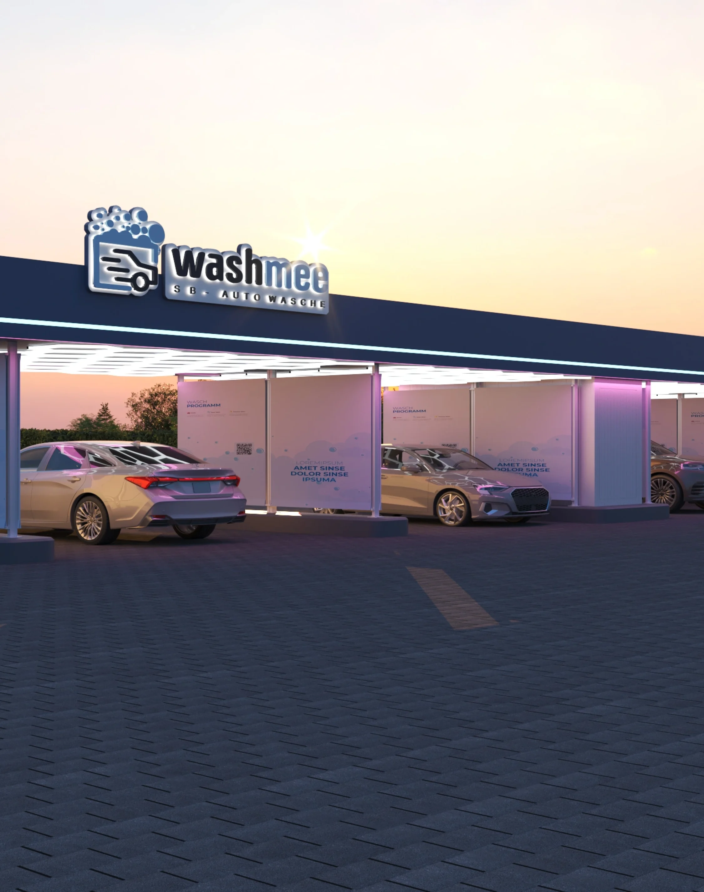 car wash interior design Modern commercial car wash exterior design with illuminated structure, contemporary architecture, and functional automotive service layout.