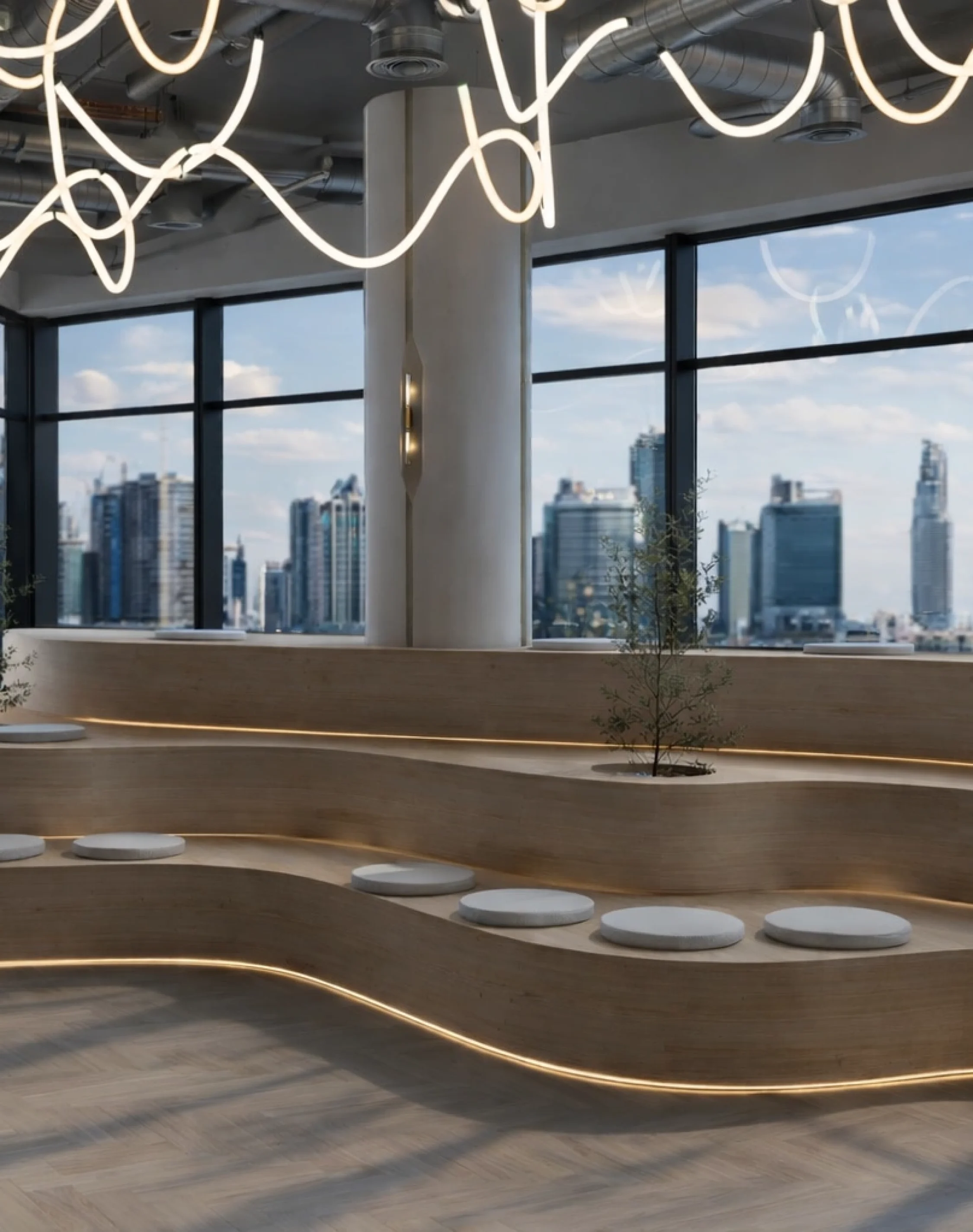 Modern commercial lounge interior with curved wooden seating, artistic ceiling lighting, and panoramic city skyline views.