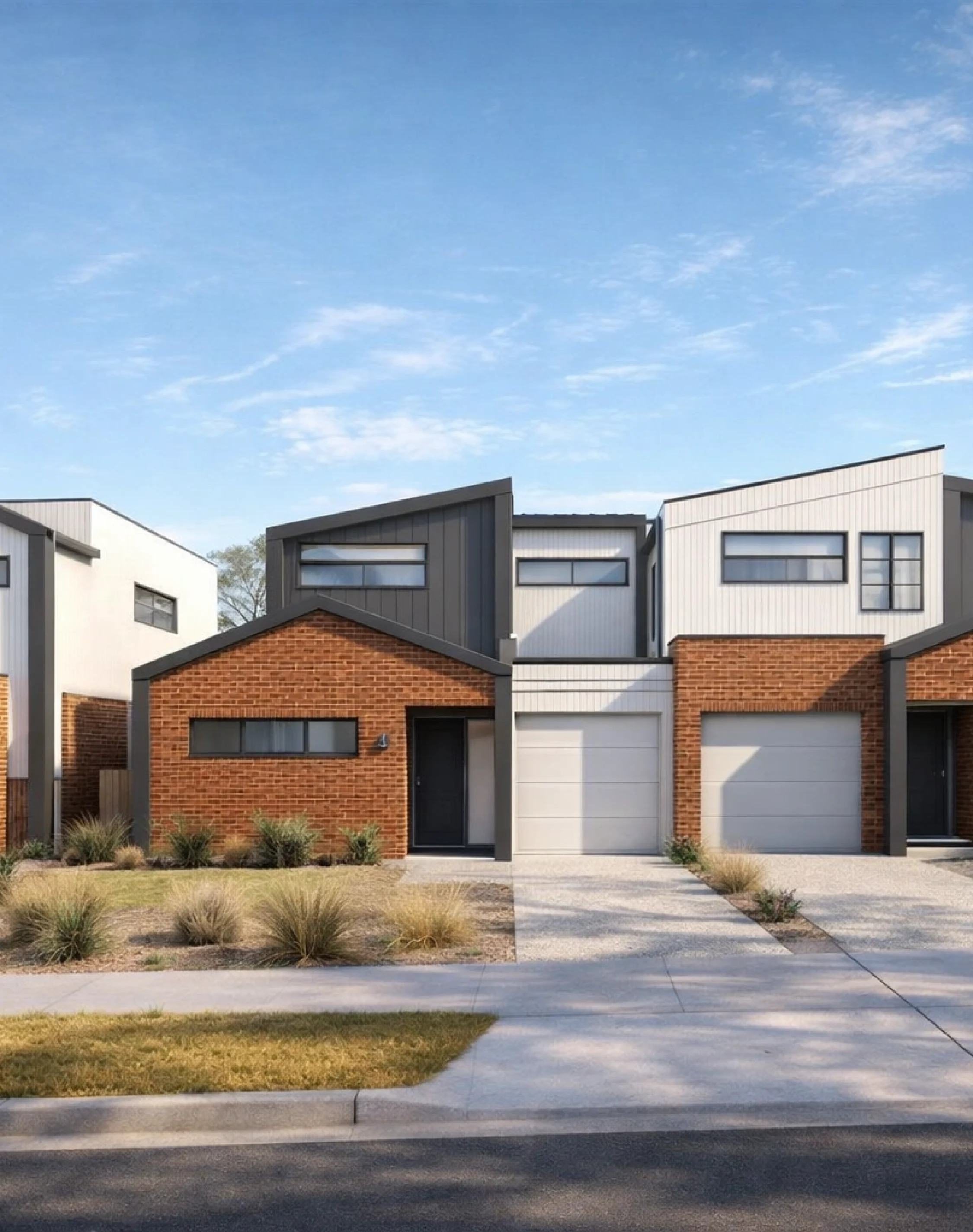 Modern duplex house exterior featuring brick facade, geometric roof design, and minimalist landscaping in Melbourne