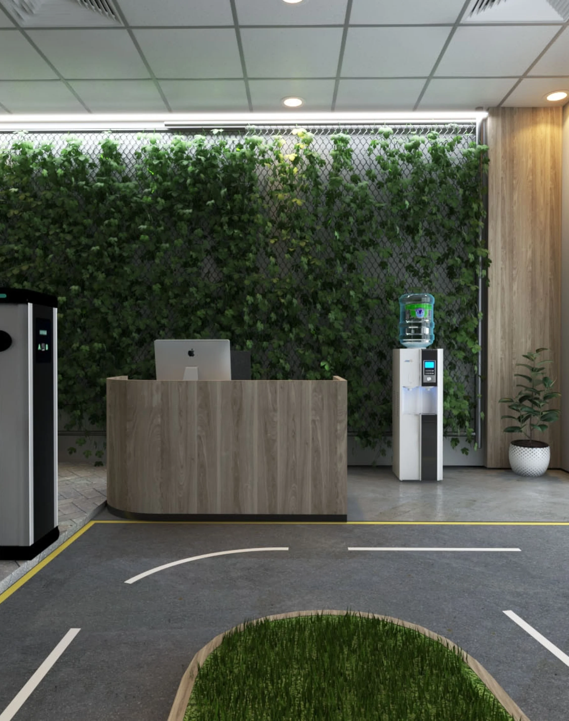 Modern EV service center interior with green wall design, charging equipment, minimalist reception area, and eco-friendly commercial layout.