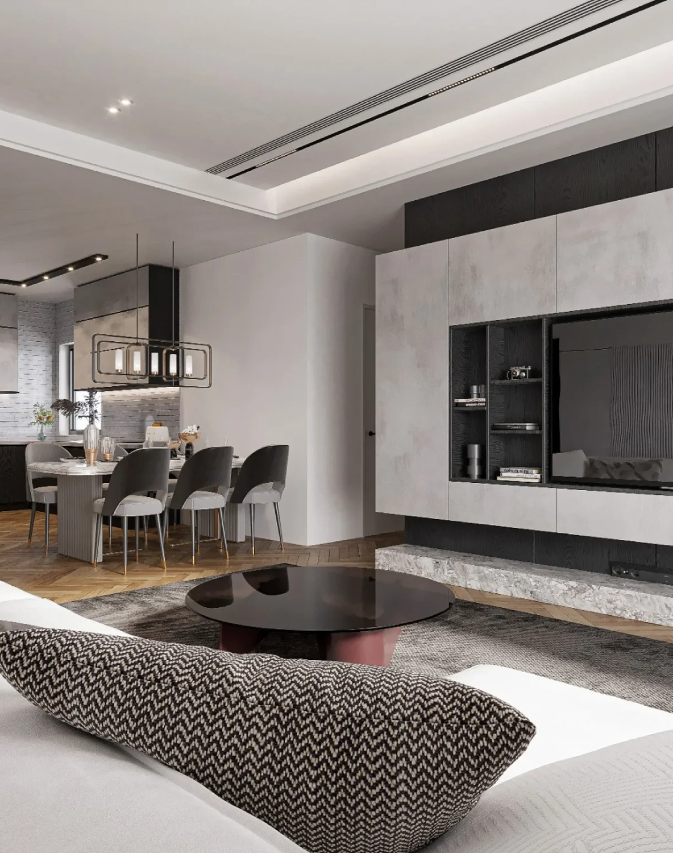 modern living room interior design with sofa tv wall and dining area