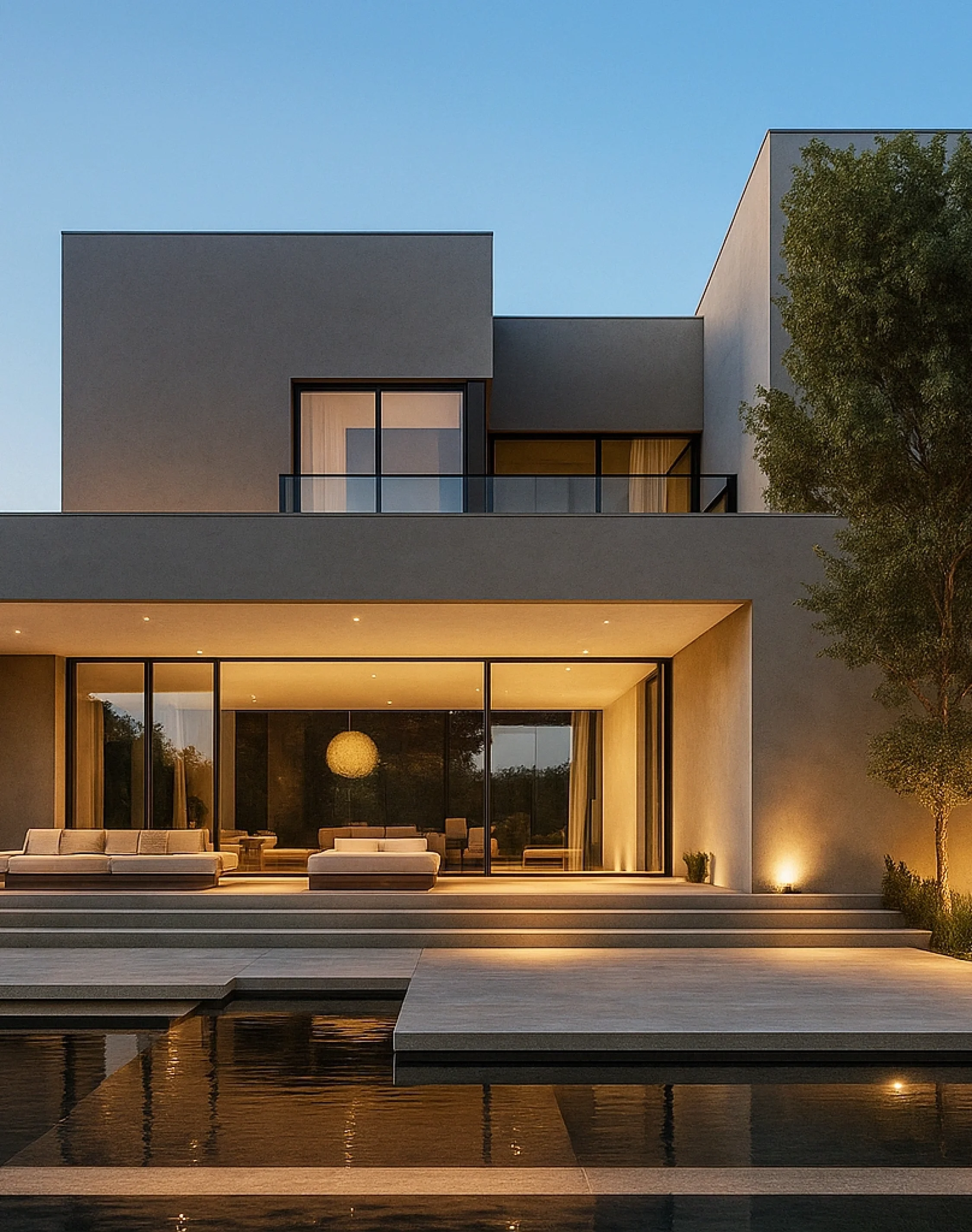 Modern luxury residential exterior design with minimalist architecture, pool area, and warm ambient lighting in Los Angeles.