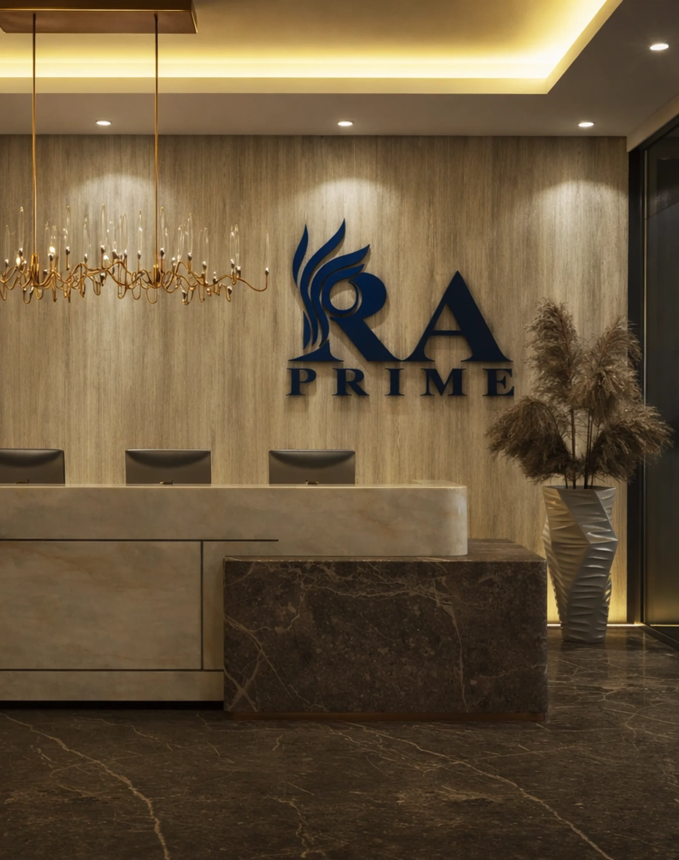 Elegant office waiting area with modern seating, city skyline view, warm lighting, and contemporary commercial interiors.
