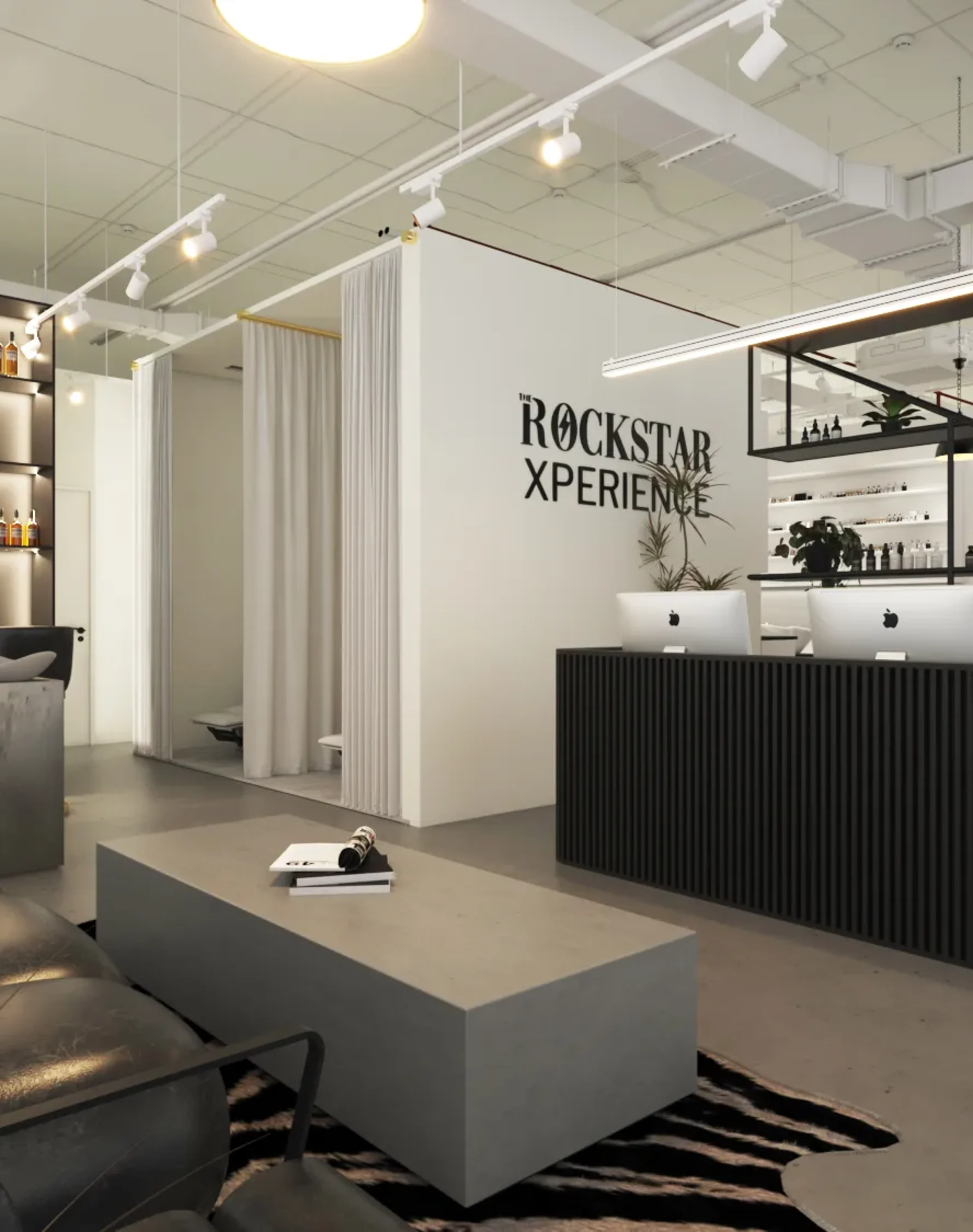 Contemporary salon reception interior with luxury lounge seating and illuminated shelving.