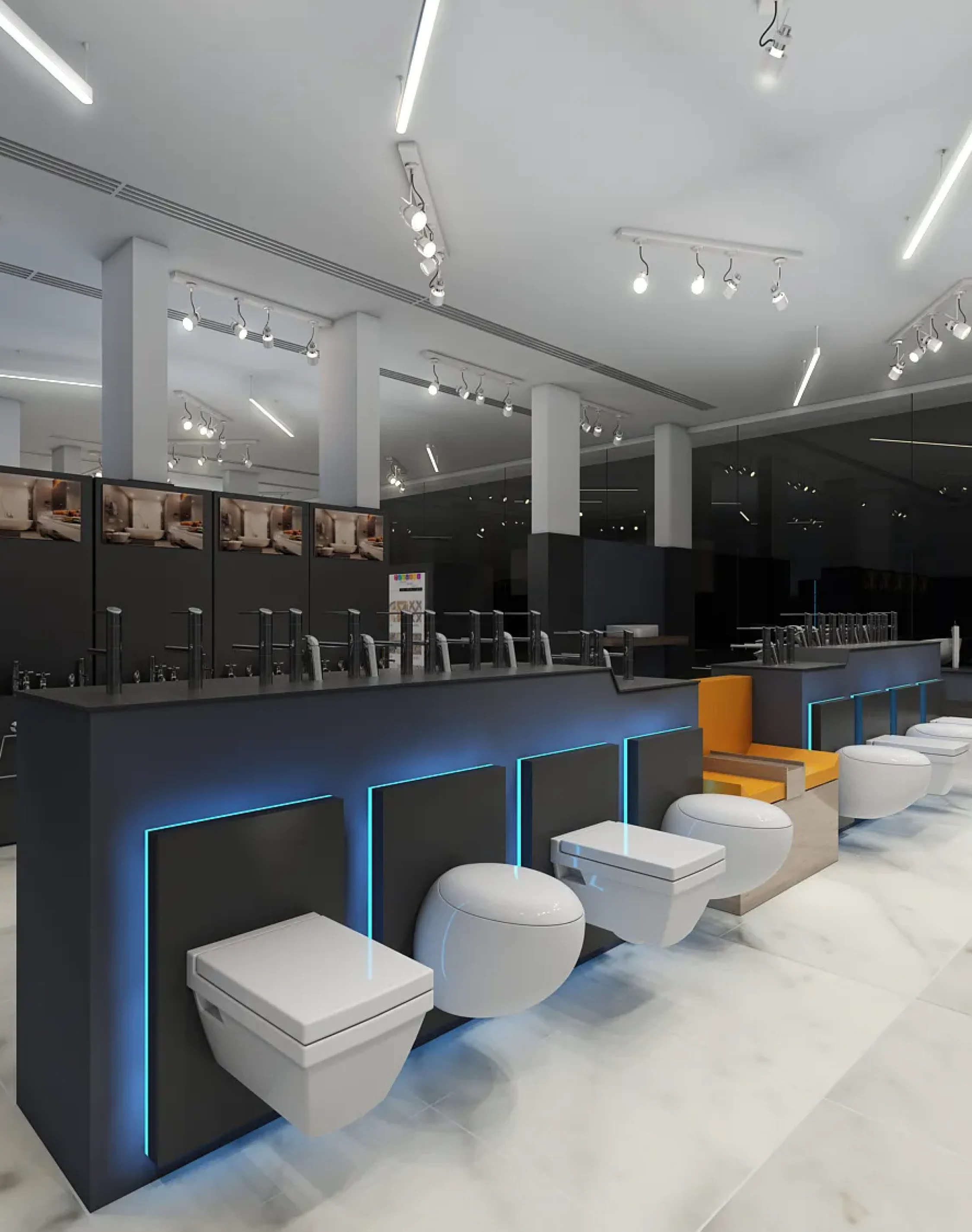 Luxury sanitary ware showroom displaying modern toilets, faucets, and bathroom fixtures with LED lighting.