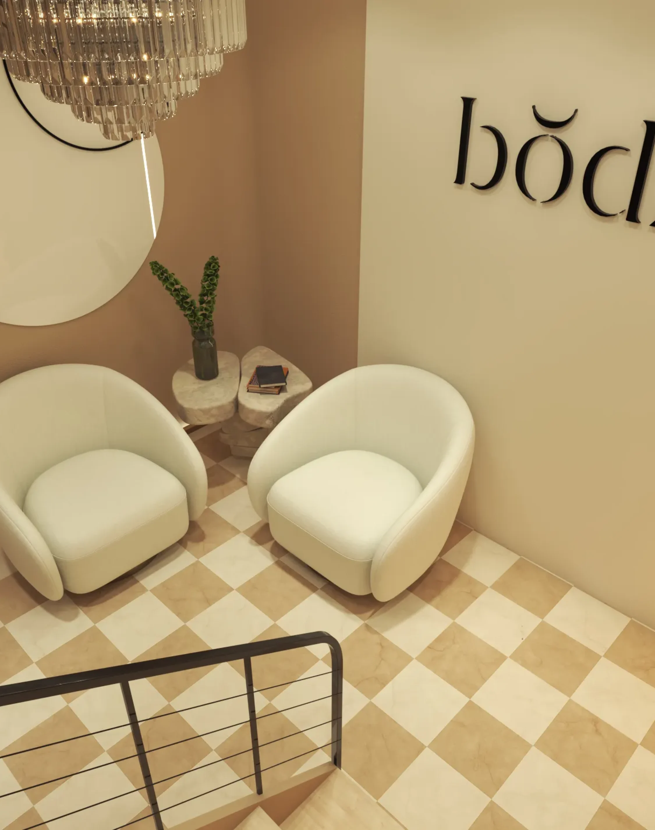 Contemporary spa waiting area with soft seating and decorative wall mirrors.