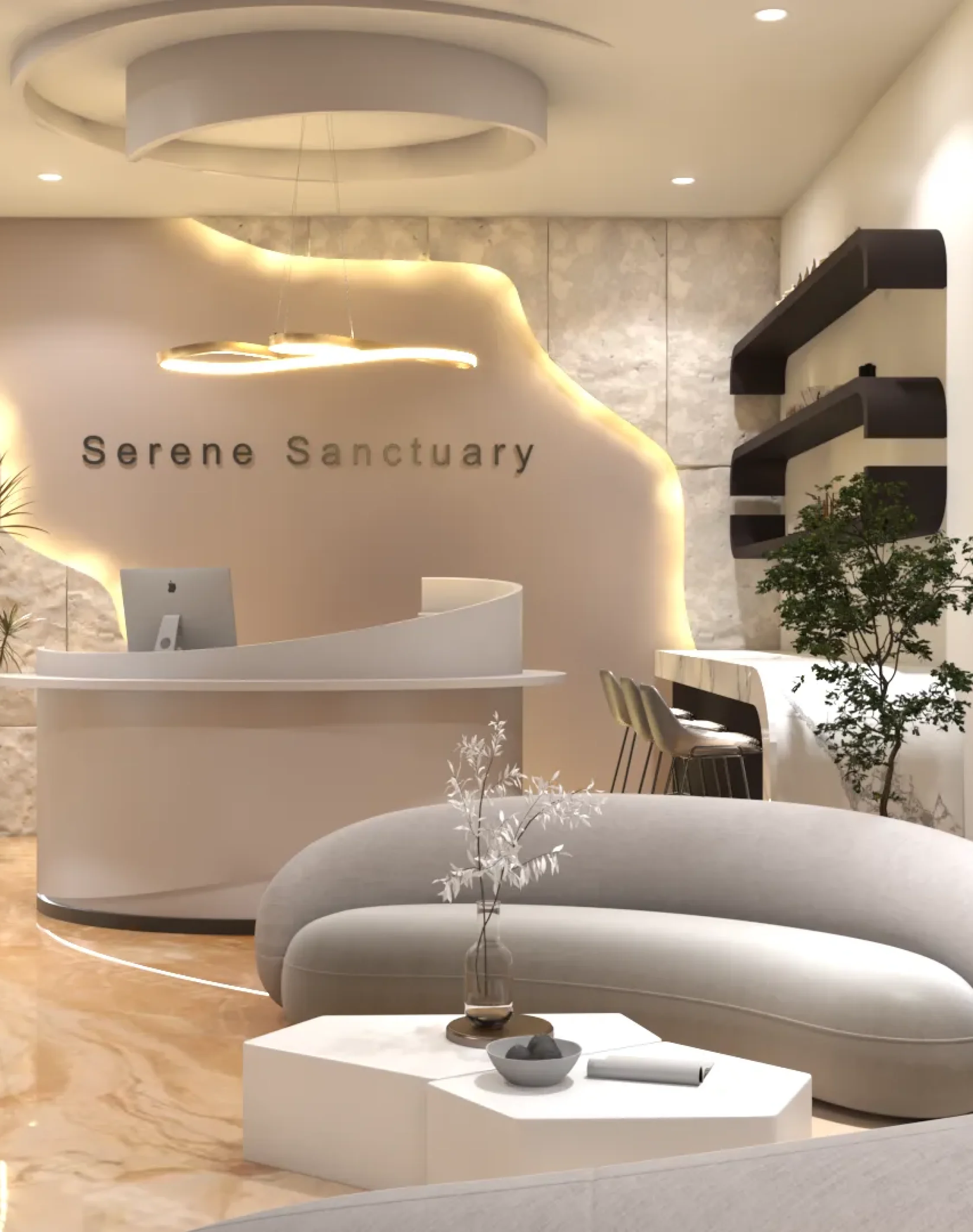 Salon & Luxury Spa Interior Design Modern spa reception area with curved desk, ambient lighting, and luxury seating.
