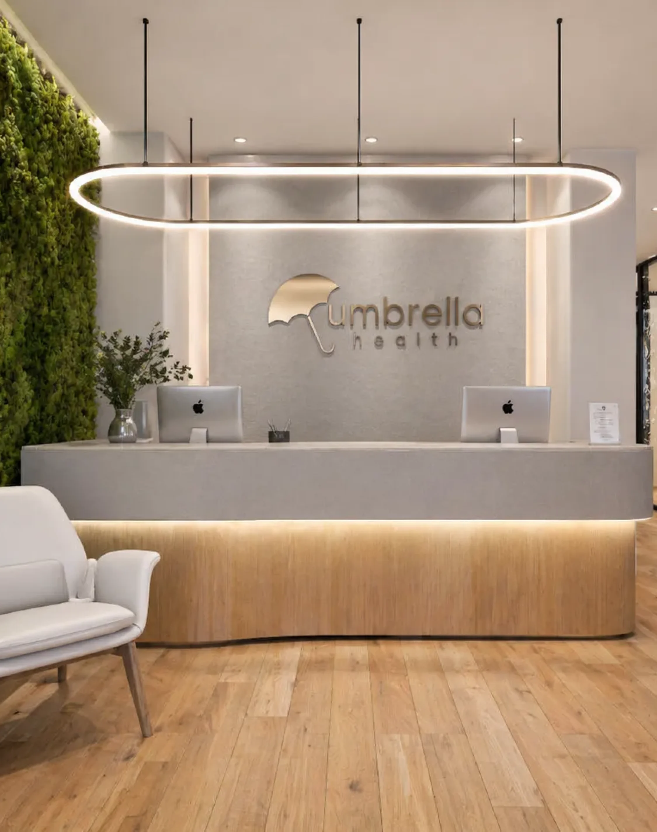 Salon And Spa Interior Design Modern healthcare reception design with greenery wall and minimalist wooden finishes.