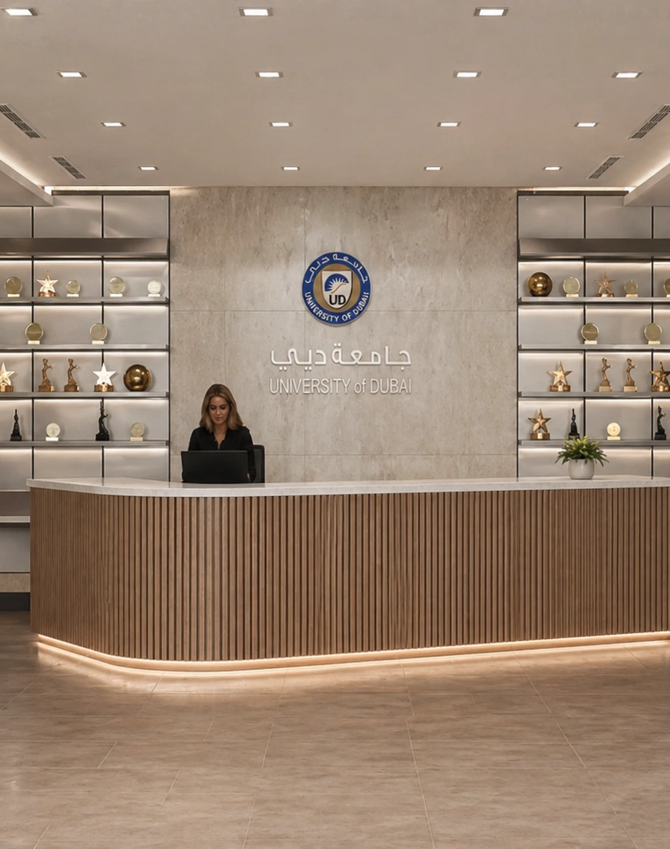 corporate office interior design Modern university reception area with elegant front desk, display shelving, ambient lighting, and professional interior design.